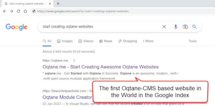 World-First Oqtane Based Website in Google Search Results