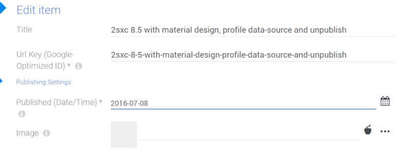 2sxc 8.5 with material design, profile data-source and unpublish